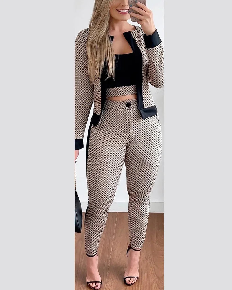 Conjuntos Outifits Mulheres 2024 Primavera Outono 3 Peças Conjunto Xadrez Estampa Crop Top & Calça Conjunto Com Casaco Moda Casual Elegante Conjunto Feminino